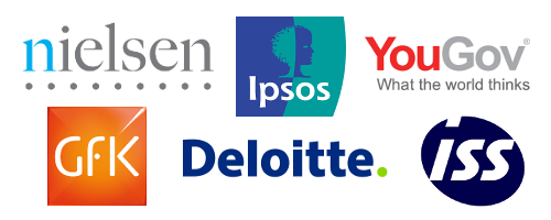 Logos of international customers - Nielsen, IPSOS, YouGov, Gfk, Deloitte and ISS